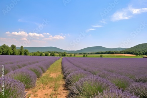 lavender field with view of rolling hills and clear blue sky  created with generative ai