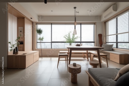 modern japanese style apartment, with minimalist decor, sleek furnishings and floor-to-ceiling windows, created with generative ai © Alfazet Chronicles