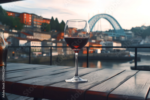 Glass of red wine on wooden restaurant table view of Porto Portugal summer time leisure