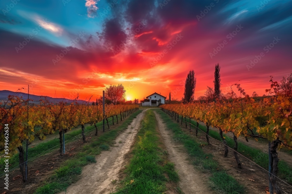 vineyard in the evening, with sunset sky and vibrant colors, created with generative ai