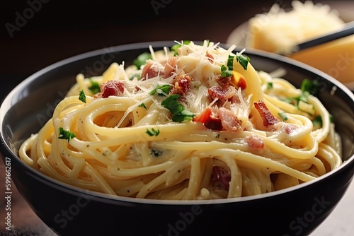 close-up of creamy bowl of spaghetti carbonara, with pepper and cheese visible, created with generative ai