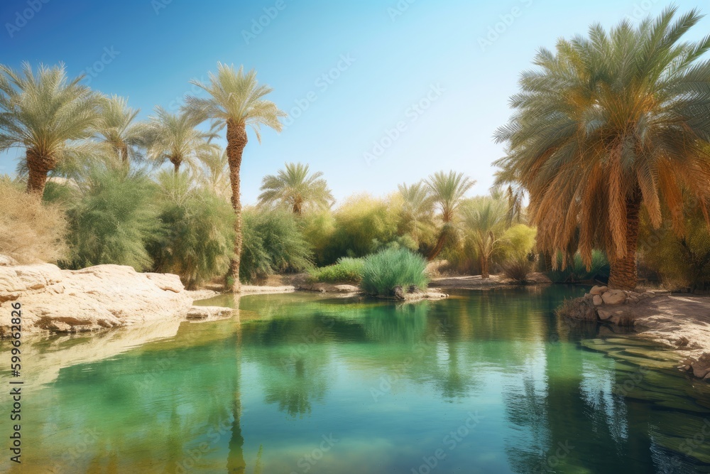 oasis with palm trees and crystal clear water surrounded by desert landscape, created with generative ai oasis with palm trees and crystal clear water surrounded by desert landscape, created with generative ai