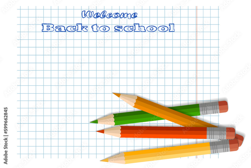 A simple pencil with an eraser, school supplies, stationery, a checkered notebook. The concept of schooling, back to school, first time to school A simple pencil with an eraser, school supplies, stationery, a checkered notebook. The concept of schooling, back to school, first time to school