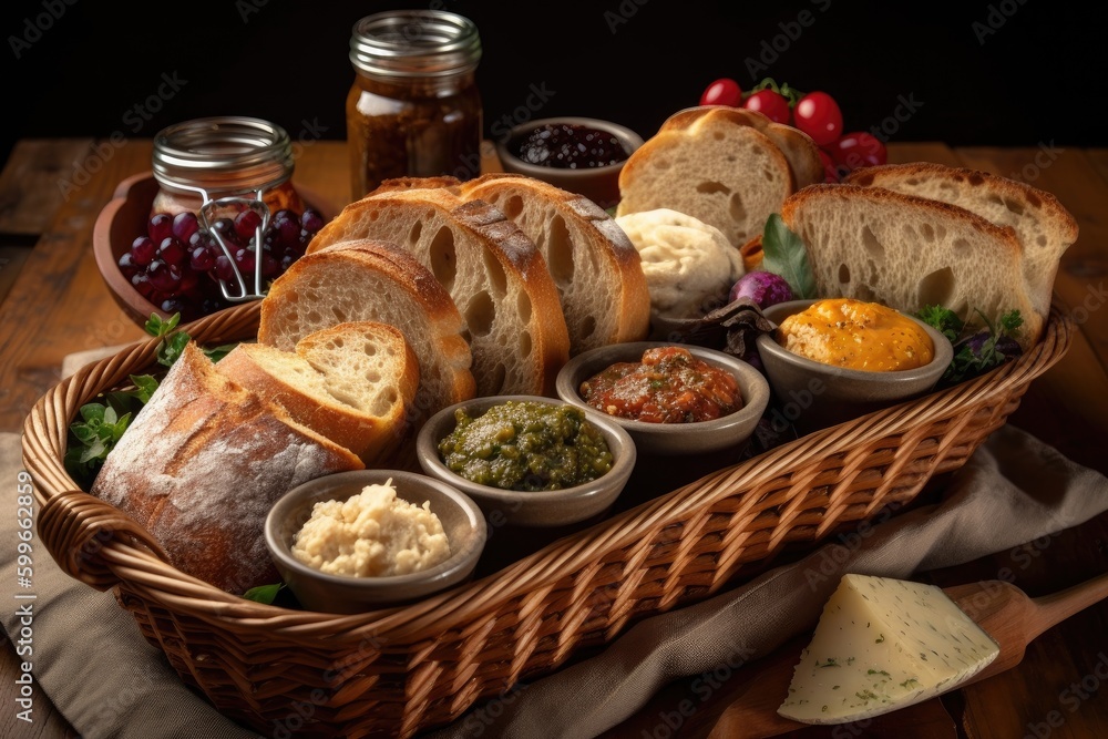basket of warm, crusty artisan breads with assorted spreads and toppings, created with generative ai