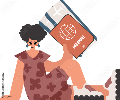 ﻿The energized woman holds a visa and exchange for the preeminent passed on tickets in his hands. Kept on white establishment. Trendy style, Vector Illustration