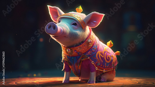 Pig in a princesss outfit . The background Generative AI  photo