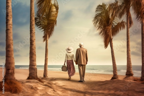Elderly Couple Walking on Beach Surrounded by Palm Trees. Generative ai