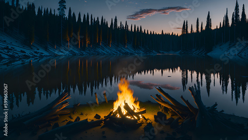 Campfire burning by a lake. (Generative AI)