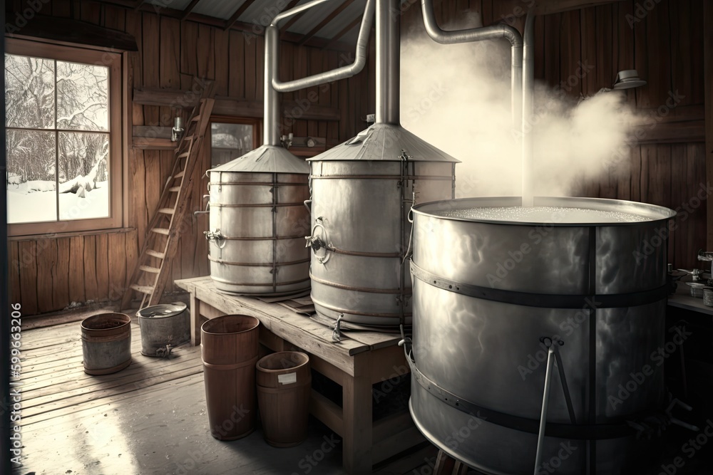 evaporator set up for small-scale maple syrup production, with cooking pots and buckets ready to go, created with generative ai evaporator set up for small-scale maple syrup production, with cooking pots and buckets ready to go, created with generative ai