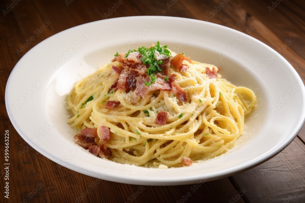warm plate of spaghetti carbonara topped with crispy bacon, created with generative ai