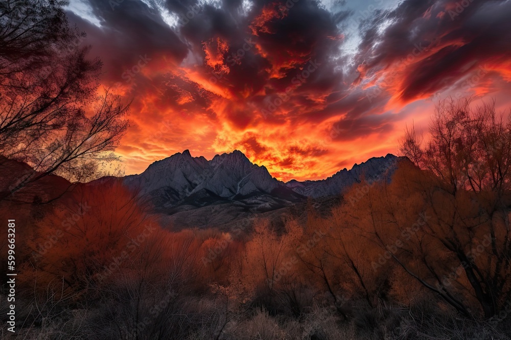 majestic mountain range surrounded by fiery sunsets, with clouds and trees in the foreground, created with generative ai