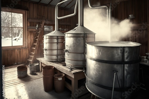 evaporator set up for small-scale maple syrup production, with cooking pots and buckets ready to go, created with generative ai