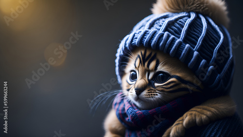 Cute kitten wearing a scarf and warm hat. (Generative AI)