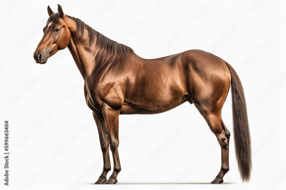 Obraz premium Beautiful brown horse on white isolated background.Side view.Created with generative ai