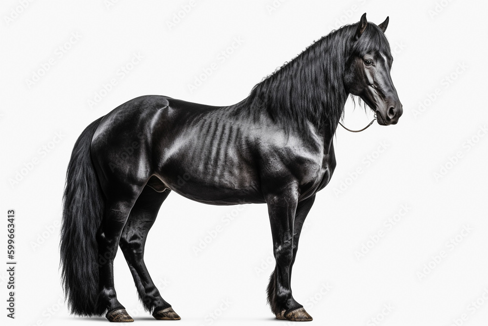 Beautiful black horse on white isolated background.Side view.Created with generative ai