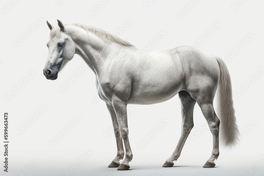 Beautiful white horse on isolated background.Side view.Created with generative ai