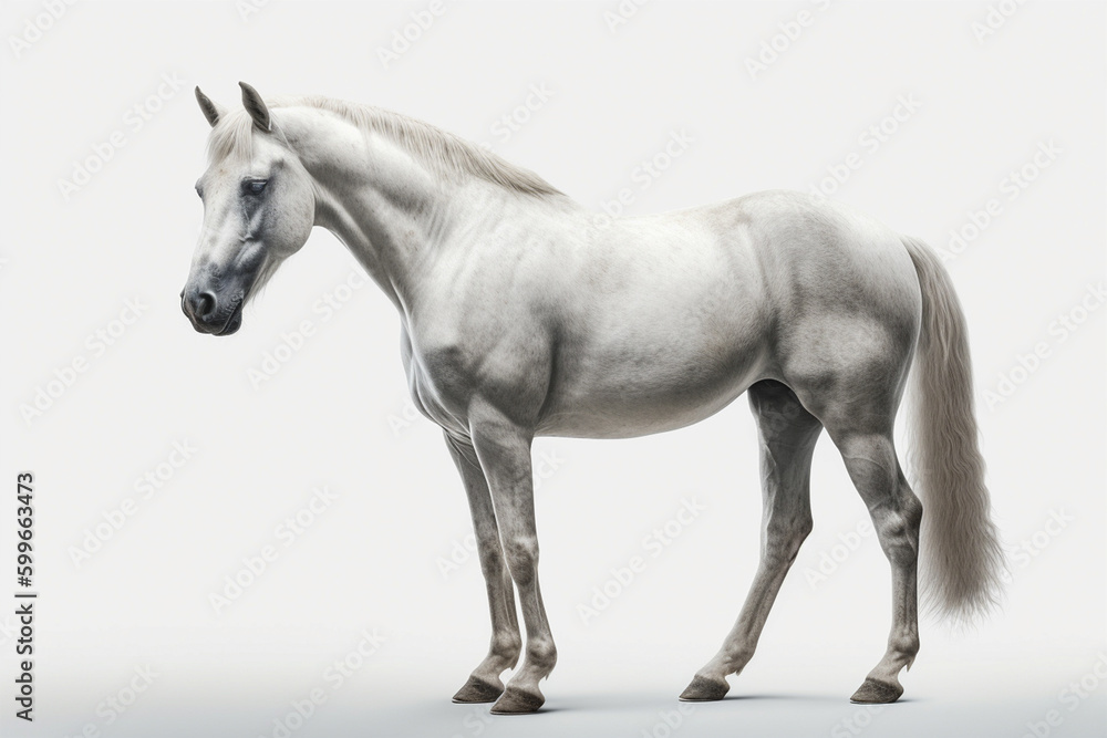 Beautiful white horse on isolated background.Side view.Created with generative ai Beautiful white horse on isolated background.Side view.Created with generative ai