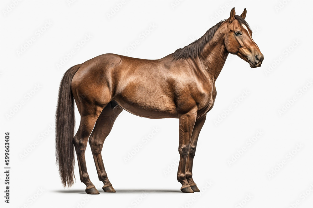 Fototapeta premium Beautiful brown horse on white isolated background.Side view.Created with generative ai