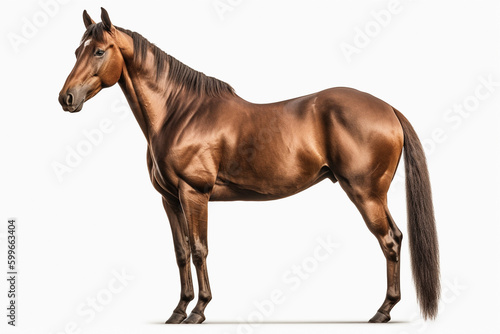 Beautiful brown horse on white isolated background.Side view.Created with generative ai