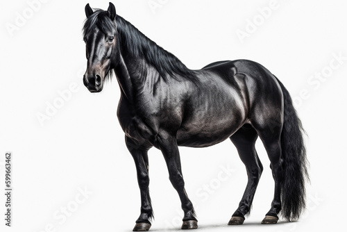 Beautiful black horse on white isolated background.Side view.Created with generative ai