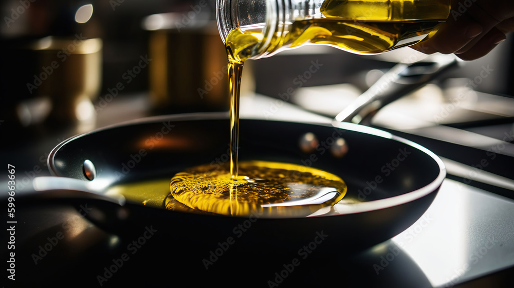 Man pouring sunflower oil on frying pan in kitchen. AI Generative