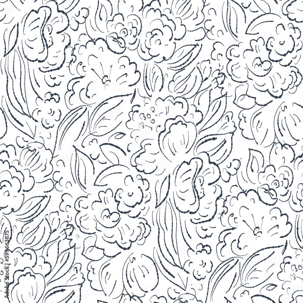Black and white seamless pattern with flowers.
