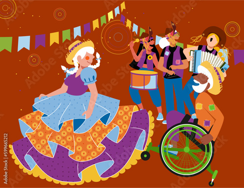 Festa Junina e Diversidade - Vetor de Homem cadeirante dançando e cortejando mulher caipira na Quadrilha de São João