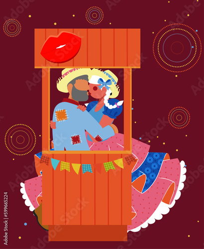 Festa Junina e Diversidade - Raça - Gênero - Barraca do Beijo - Vetor de Casal hétero se beijando - Vetor de Casal Caipira na Festa Junina 