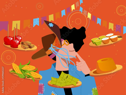 Festa Junina e Diversidade -  Vetor de Mulher branca escolhendo comidas típicas na Festa Junina - Festa de São João