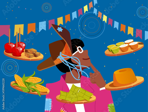 Festa Junina e Diversidade -  Vetor de Mulher preta escolhendo comidas típicas na Festa Junina - Festa de São João