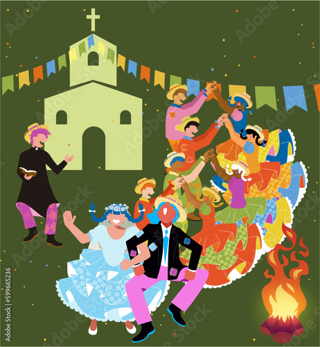 Festa Junina e Diversidade - Raça - Gênero - LGBTQIA - Vetor de casais caipiras dançando quadrilha na Festa de São João - Festa Junina - Dança de Quadrilha - Festa Caipira - Noivos photo