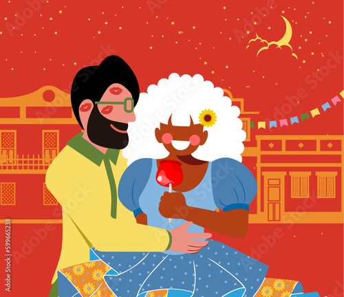 Festa Junina e Diversidade - Raça - Casal caipira - Casal Mestiço - Vetor de Casal Caipira comendo maça do amor na Festa Junina - Festa de São João