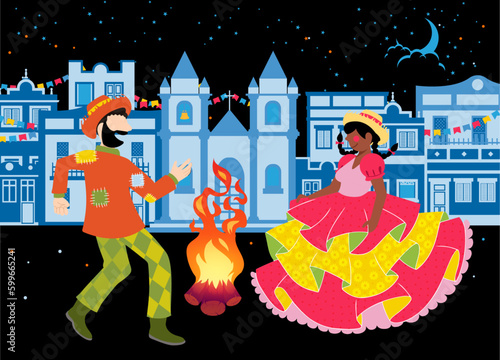 Festa Junina e Diversidade - Raça - Gênero - LGBTQIA - Vetor de casal caipira na fogueira da Festa de São João - Festa Junina	
