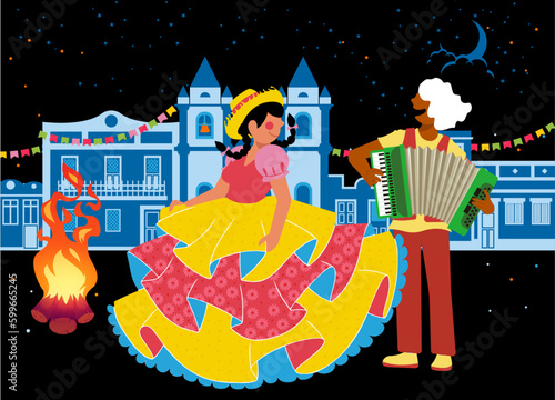 Festa Junina e Diversidade - Raça - Gênero - LGBTQIA - Vetor de casal caipira dançando em vila caipira com músicos na Festa de São João - Festa Junina	
