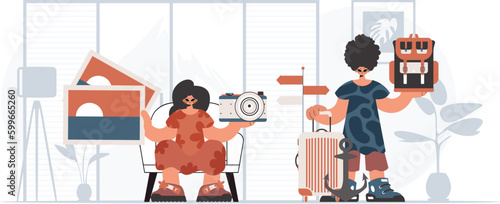 ﻿The fellow and the young lady are going on a trip. The concept of rest and travel. Trendy style, Vector Illustration