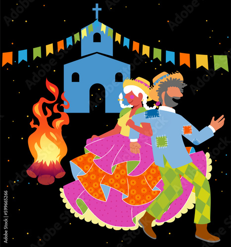 Festa Junina e Diversidade - Raça - Gênero - LGBTQIA - Vetor de casal caipira dançando na fogueira da Festa de São João - Festa Junina	