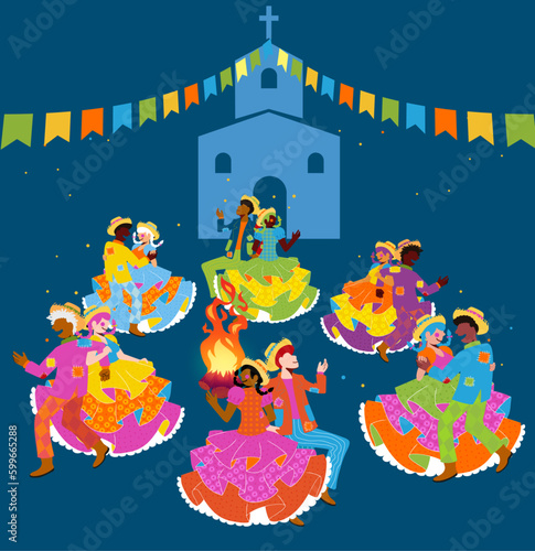 Vetor de casais caipiras dançando quadrilha na Festa de São João - Festa Junina - Dança de Quadrilha - Festa Caipira - Noivos	
