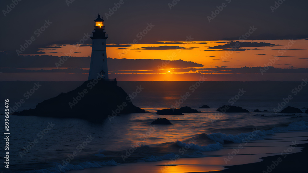 Sunset view and lighthouse. (Generative AI)