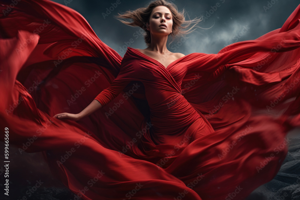 Beautiful young woman in red dress with flying fabric on the sky ...