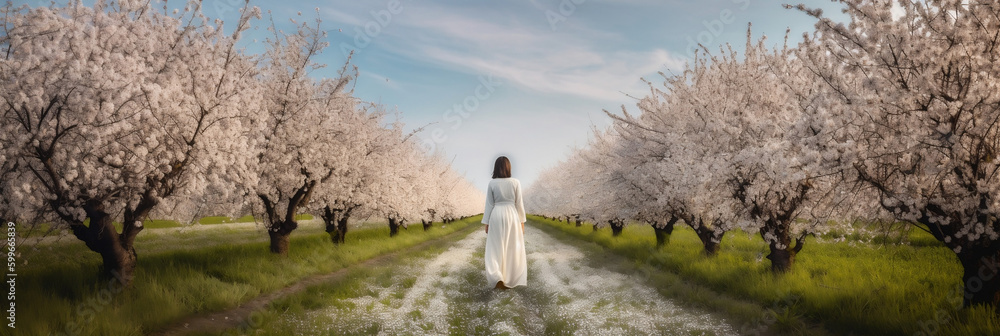 A springtime stroll through the blossoming fields, generative ai