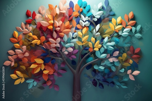 Fototapeta Naklejka Na Ścianę i Meble -   Colorful tree with leaves on hanging branches illustration background. 3d abstraction wallpaper for interior mural wall art decor. Floral tree with multicolor leaves