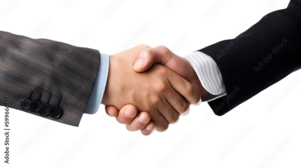 A handshake between two businessmen wearing suits isolated on a transparent background, Generative AI