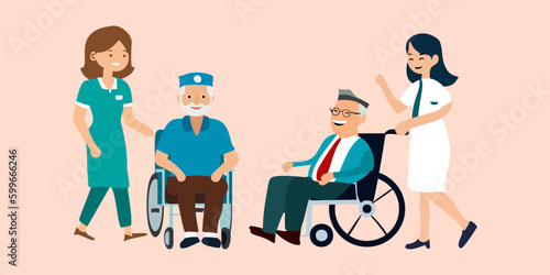 The nurse takes care of a grandfather who is a retired navy, army and air force veteran. Help old disabled people. Character Wheelchair, smile, closed eyes. Uniform.
