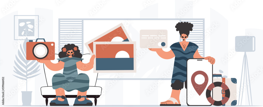 Obraz premium ﻿The individual and the flooding woman are going on a trip. The concept of rest and travel. Trendy style, Vector Illustration