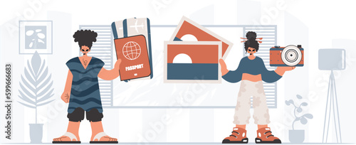 ﻿The individual and the flooding woman are going on a trip. The concept of rest and travel. Trendy style, Vector Illustration