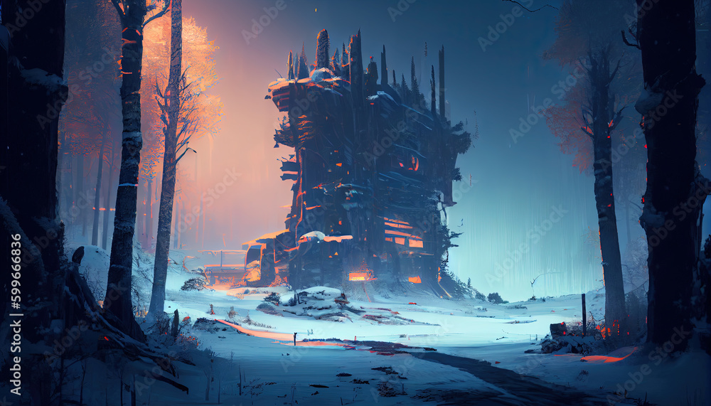 Cyberpunk Forest in Winter Landscape Background AI Generative Cyberpunk Forest in Winter Landscape Background AI Generative