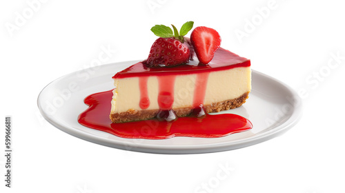 isolated slice of Cheesecake with Strawberry compote, Food-themed, photorealistic illustrations on a transparent background cutout in PNG. Generative AI
