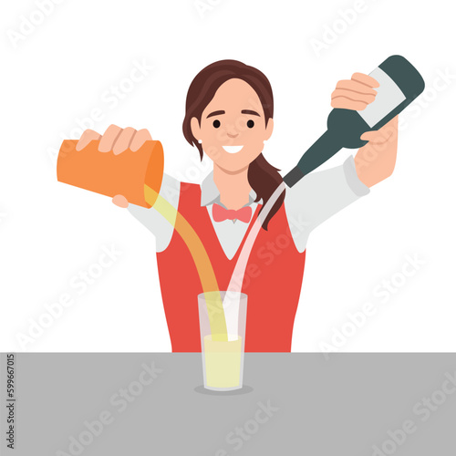 Bartender in uniform making cocktail at bar. Smiling female waitress make drink in restaurant at counter. Alcohol and beverage. Flat vector illustration isolated on white background