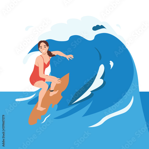 Young surf girl riding ocean wave on board, summer surfing activity, sports recreation, sea leisure hobby. Excited smiling woman in bikini having outdoors fun and adventure. Flat vector illustration © lioputra