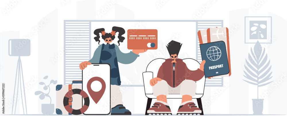 The individual and the flooding woman are going on a trip. The concept of rest and travel. Trendy style, Vector Illustration The individual and the flooding woman are going on a trip. The concept of rest and travel. Trendy style, Vector Illustration